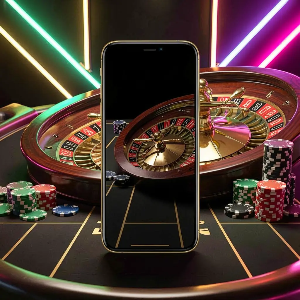 Mobile casino application scene featuring a phone in the center with a glowing neon roulette wheel and poker chips in the background, showcasing 669G's premium black and gold style