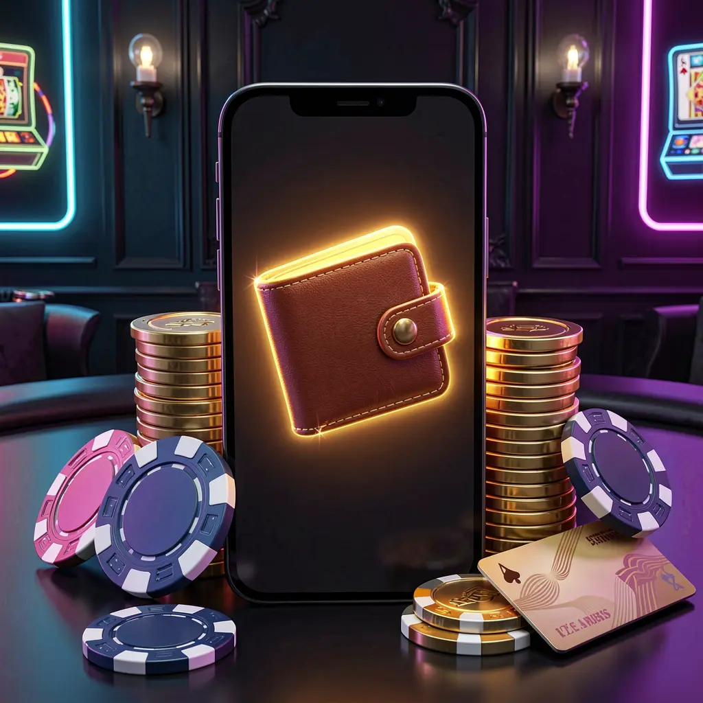 669G online casino deposit bonus concept with a smartphone screen displaying a glowing wallet icon surrounded by stacks of golden coins, poker chips, and bank cards on a dark luxury background with neon highlights in a realistic 3D illustration