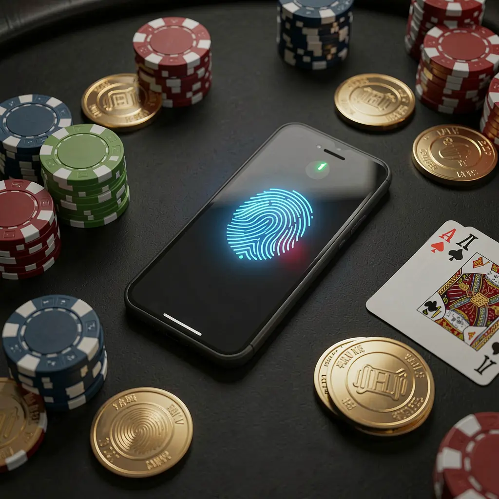 669G online casino authentication concept showing a phone with fingerprint scan glow on a premium black table surrounded by poker chips, golden coins, and playing cards in a cinematic 3D render