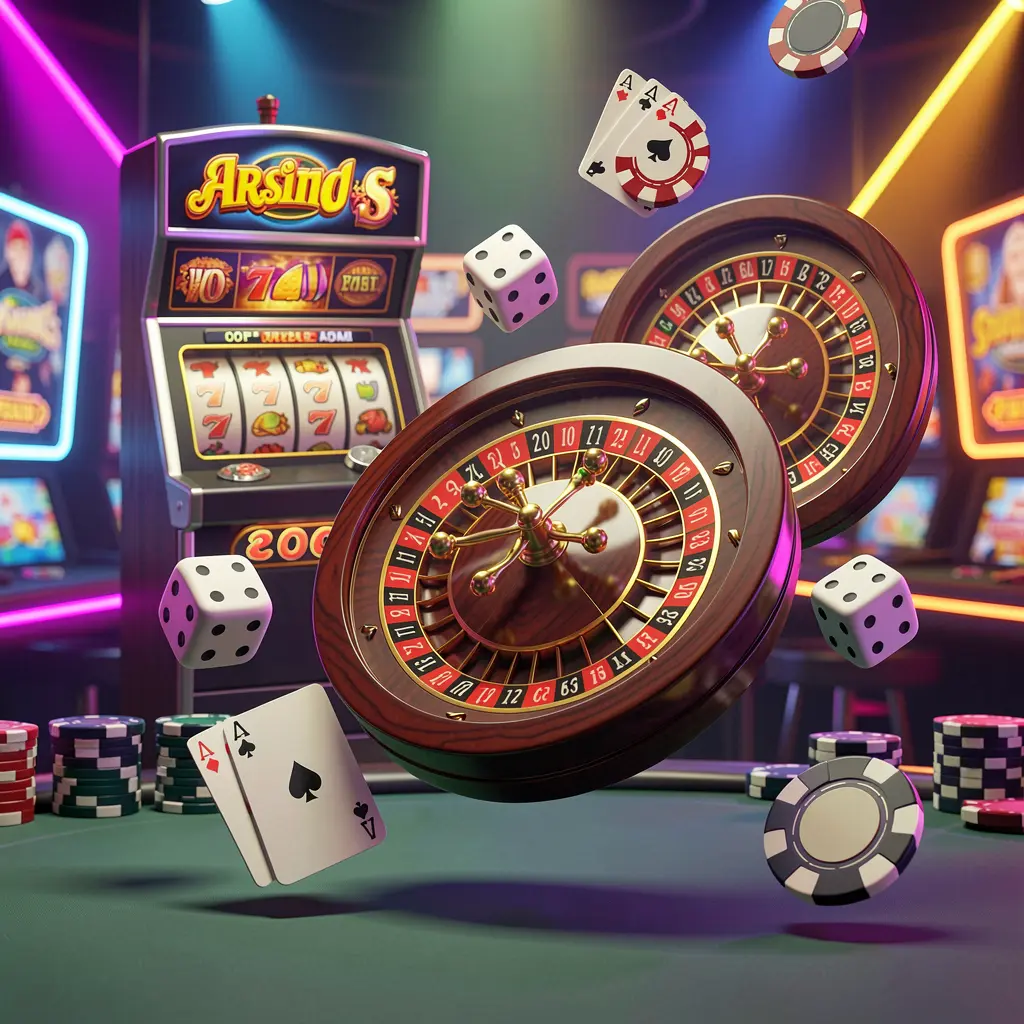669G casino games collection homepage visual featuring a slot machine, roulette wheel, dice, playing cards, and poker chips floating together with colorful neon lights in a premium 3D render